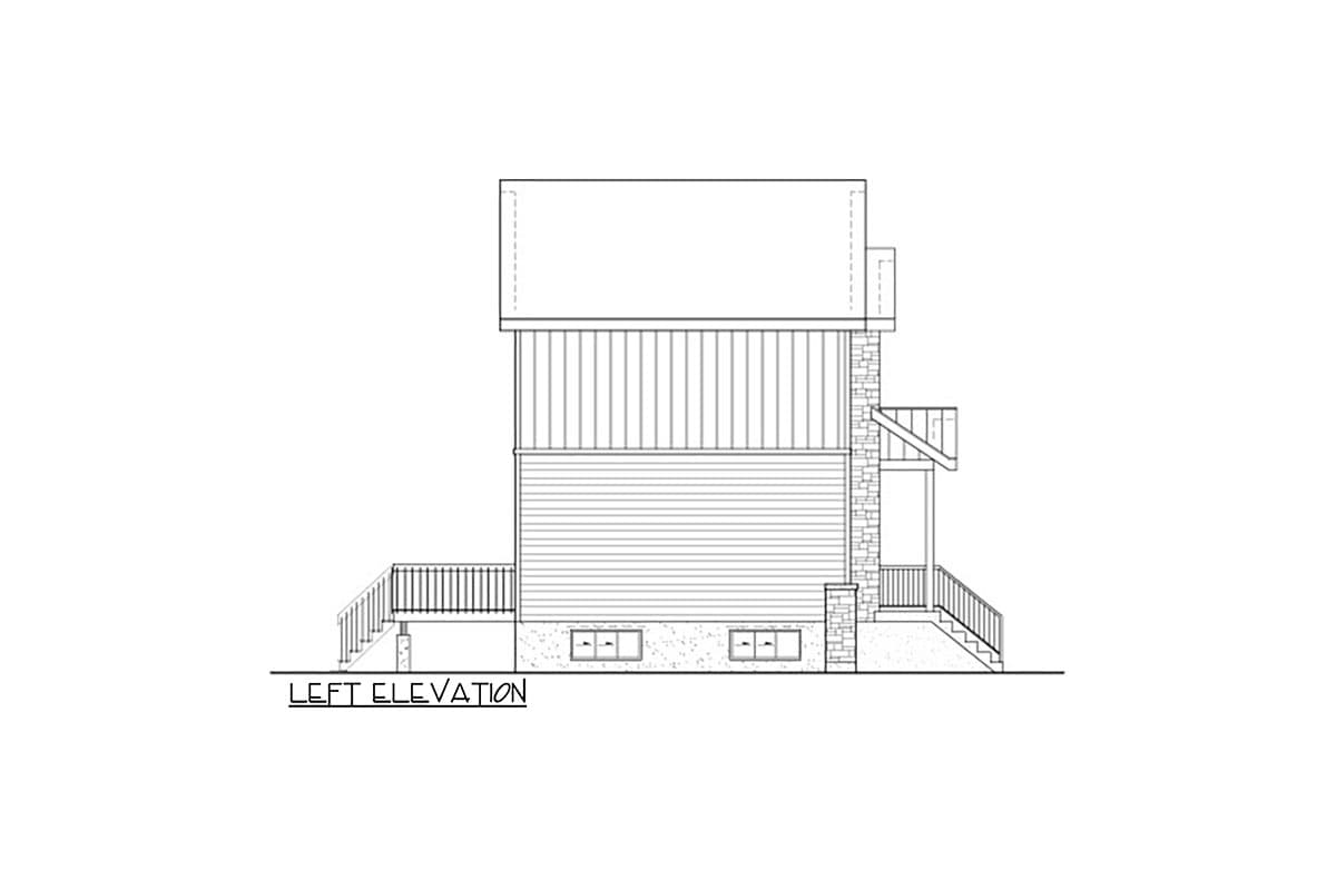Architectural elevation drawing of a two-story house, showing the side view with a deck and stone-clad chimney feature, labeled 'Left Elevation'.