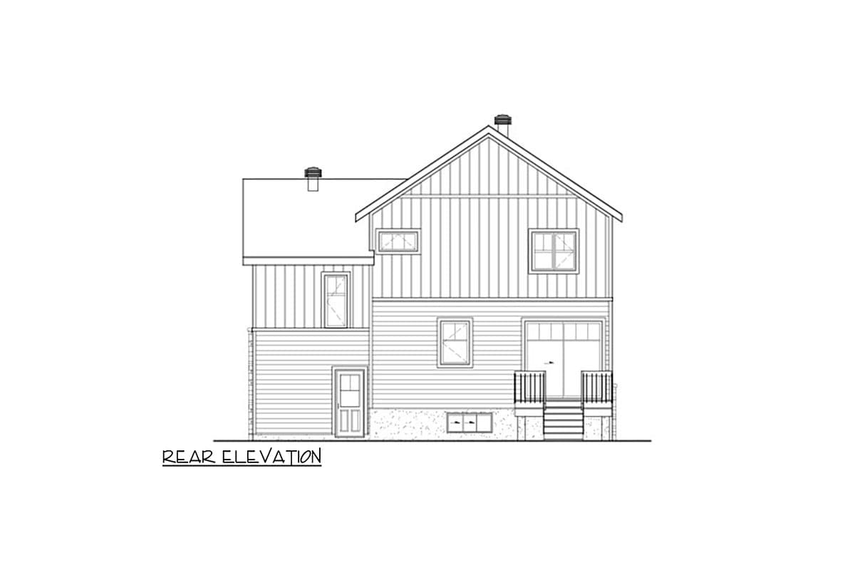 Line drawing of a two-story house rear elevation. Features include multiple windows, a small porch with railing, and a chimney on the roof.