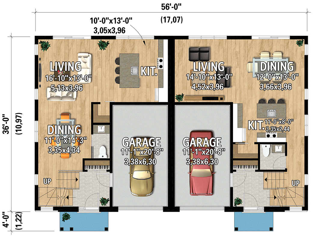 Plan 801131PM: 2-Story Transitional Duplex House Plan with Side By Side 1748 Square Foot 2 Bed Units  - Floor Plan - Main Level - New American, Transitional