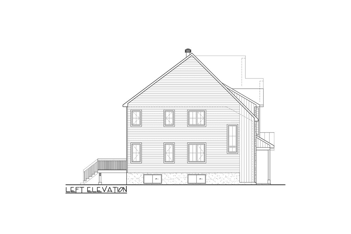 Left elevation house plan with siding, multiple windows, a deck, and a pitched roofline.