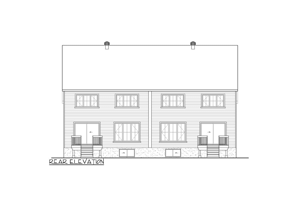 Rear elevation drawing of a two-story duplex with siding, multiple windows, and deck access to sliding doors.