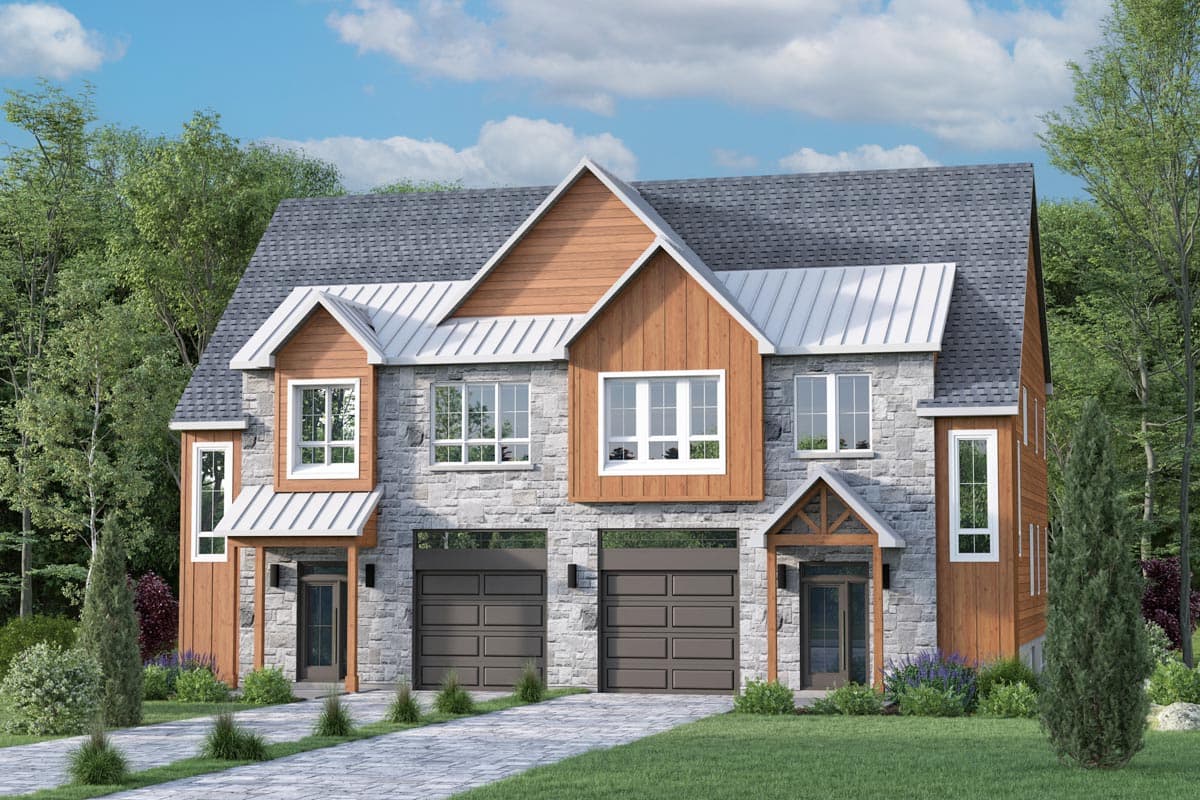 House plan exterior with two stories, stone and wood siding, gabled roof, dormers, and two garage doors.