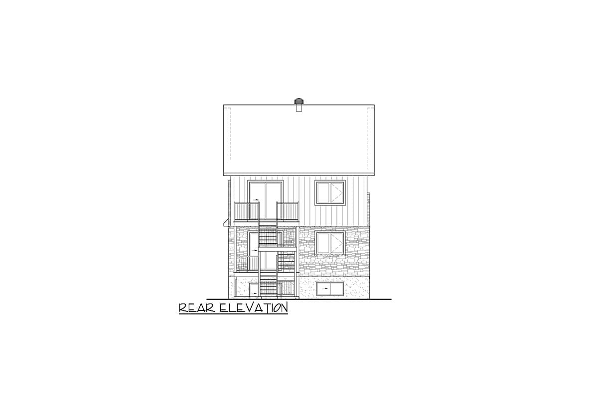 Rear elevation drawing of a two-story house with a mix of siding and stone, featuring multiple balconies and external staircases.