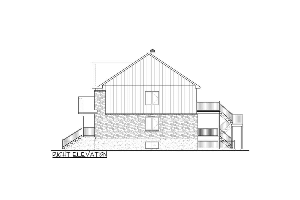 Right elevation drawing of a two-story house plan with stone and vertical siding, featuring multiple decks and exterior staircases.