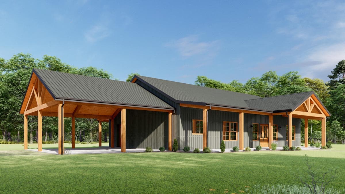 House plan exterior: Single-story Modern Farmhouse with metal roof, exposed wood beams, covered porch, and attached carport.