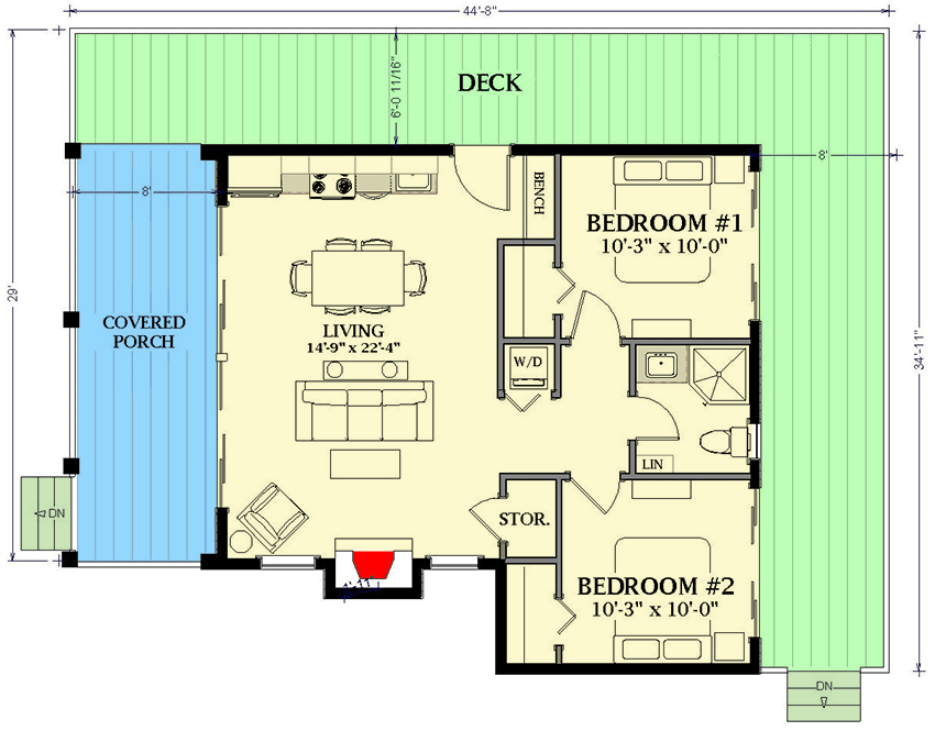 Plan 46484LA: 769 Rustic 2 Bed House Plan with Open Concept Living - Floor Plan - Main Level