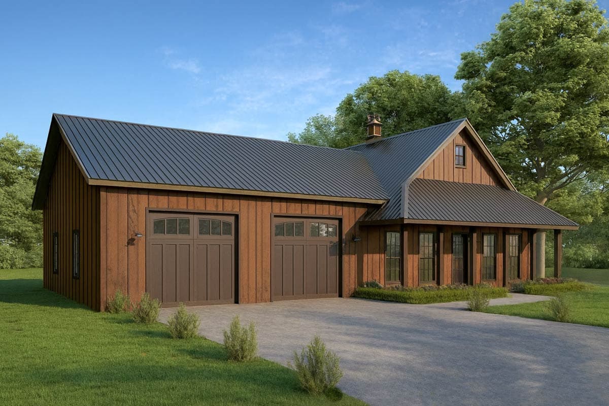 House plan exterior: Modern farmhouse style with two-car garage, metal roof, and covered porch with vertical wood siding.