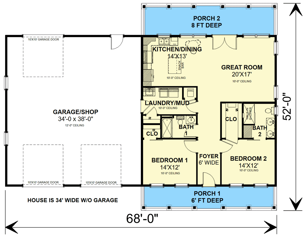 Plan 25030DH: Barndominium Style 2-Bed House Plan with Nearly 1300 Square Feet of Living and Garage Space - Floor Plan - Main Level - Cottage, Country, Farmhouse, Ranch, Traditional