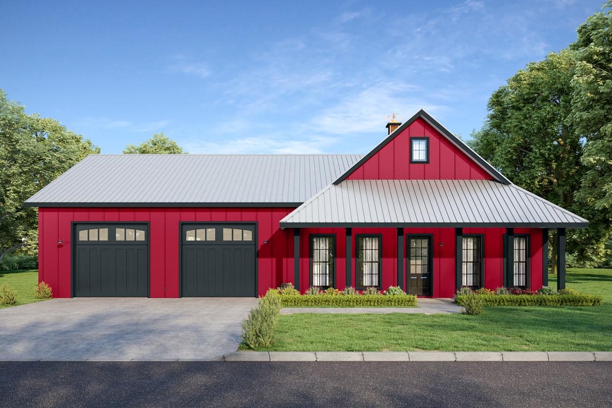 House plan exterior: Modern Farmhouse style with a gambrel roof, metal roof, two-car garage, and covered front porch with columns.