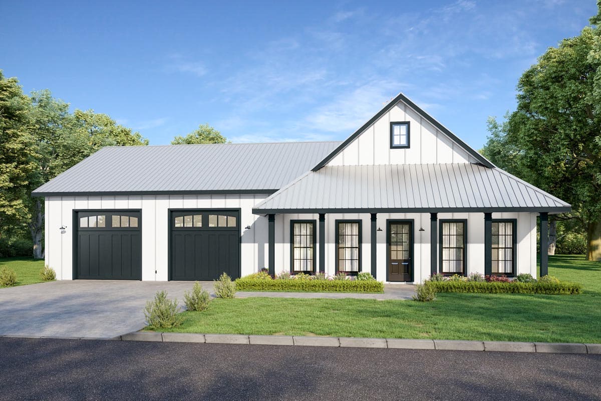 House plan exterior. Modern Farmhouse with a single story, metal roof, gabled entry, and a front porch. Features an attached garage.