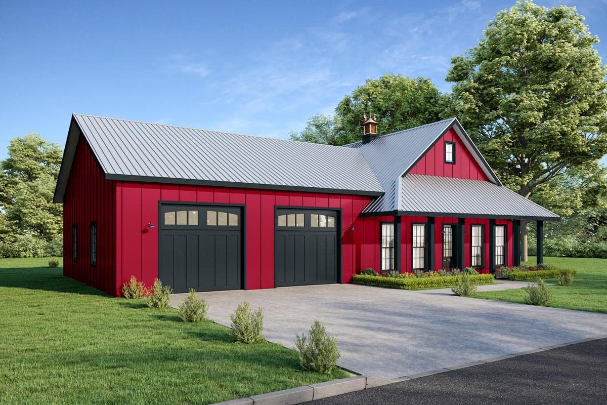Modern Farmhouse house plan exterior with red board-and-batten siding, a metal roof, a covered front porch, and a two-car garage.