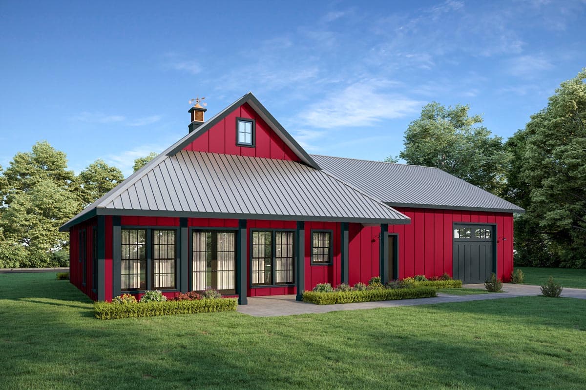 Modern Farmhouse house plan exterior with red siding, metal roof, gabled dormer, and attached garage with carriage door.