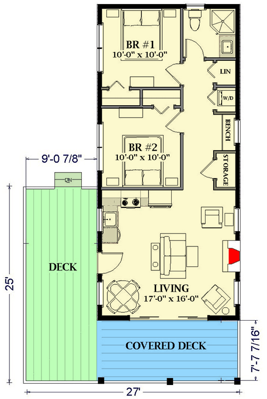 Plan 46485LA: 2 Bed Rustic 722 Square Foot Mountain or Lake House Plan  - Floor Plan - Main Level - Cabin, Mountain, Rustic
