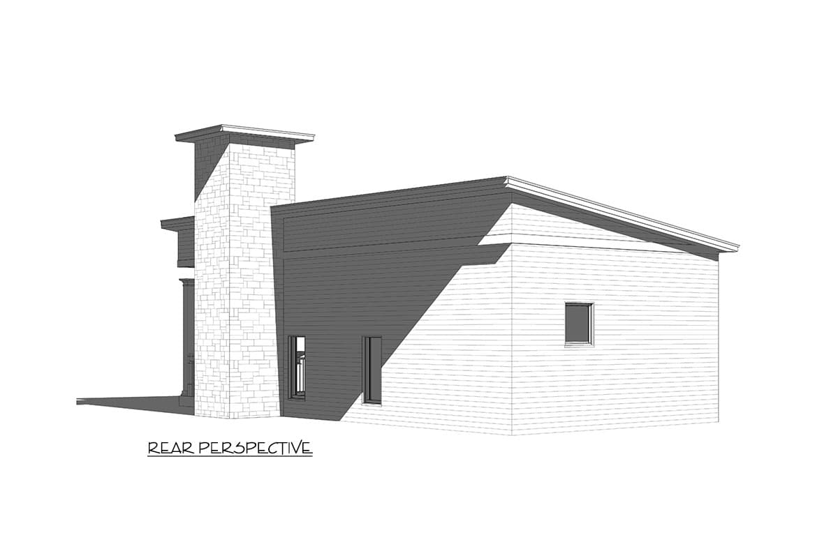 Rear perspective of house plan with stone chimney and sloped roof.