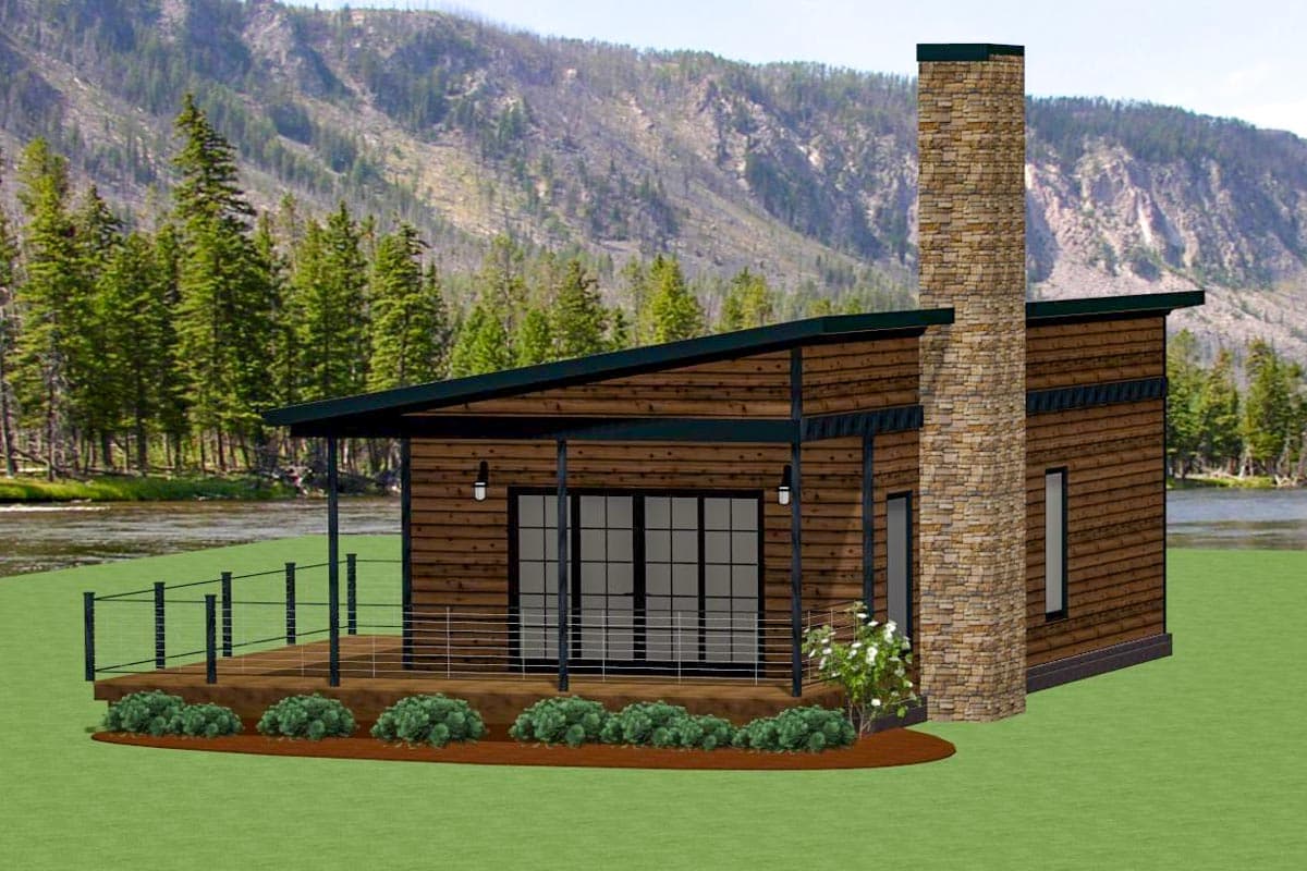 House plan exterior. Modern style with a single story, flat roof, and stone chimney. Features include a porch and floor-to-ceiling windows.