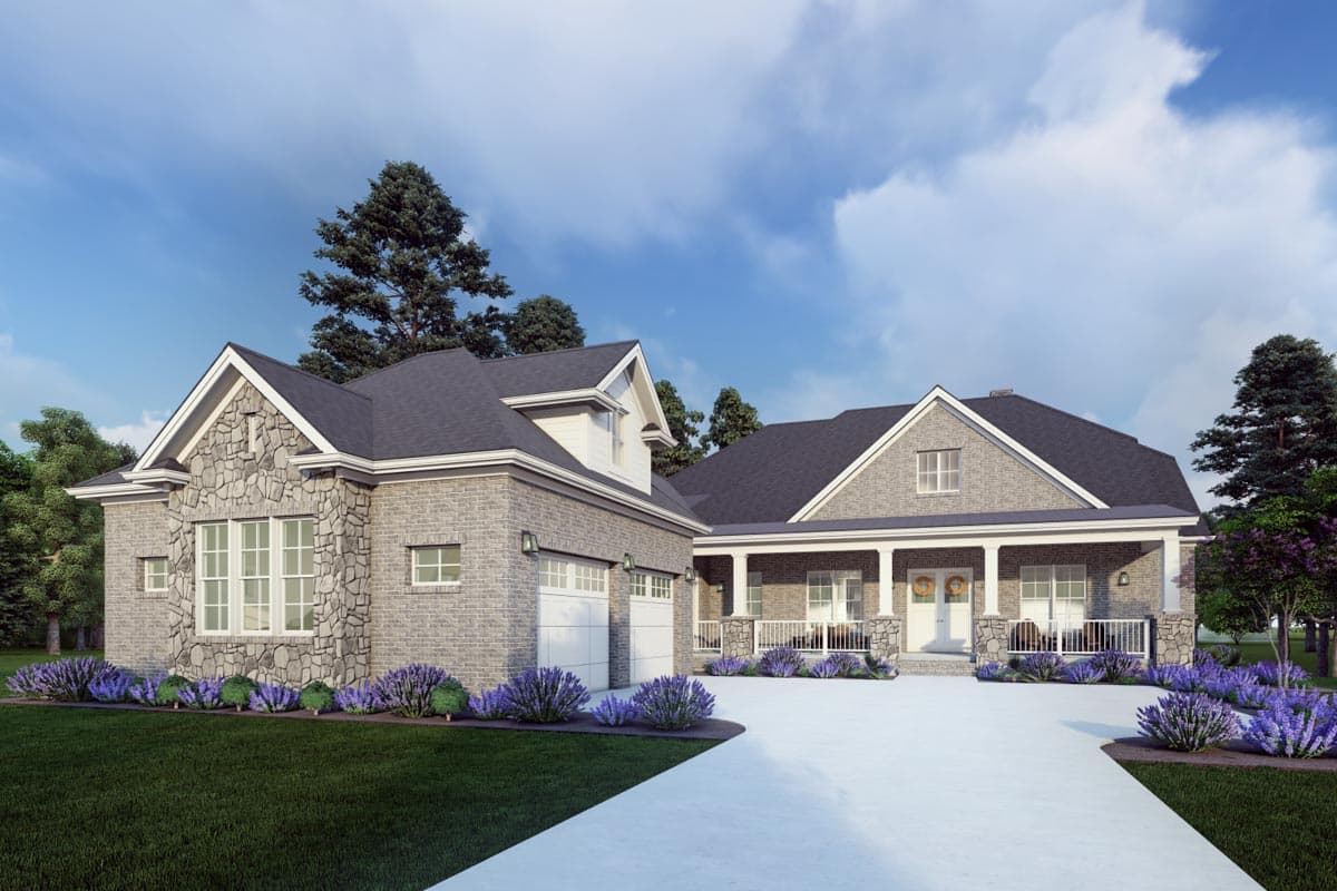 House plan exterior with two stories, a front porch, stone accents, and gabled rooflines; includes an attached garage with dormer.