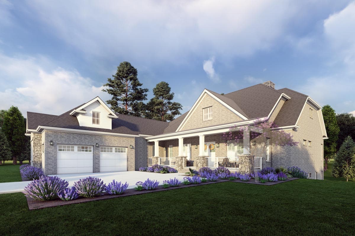 House plan exterior: Two-story Modern Farmhouse with a side-entry garage, covered front porch, dormer, and stone accents.