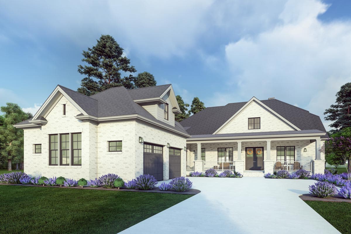 House plan exterior: One-story Modern Farmhouse with gable roof, dormer, covered porch with columns, and attached two-car garage.