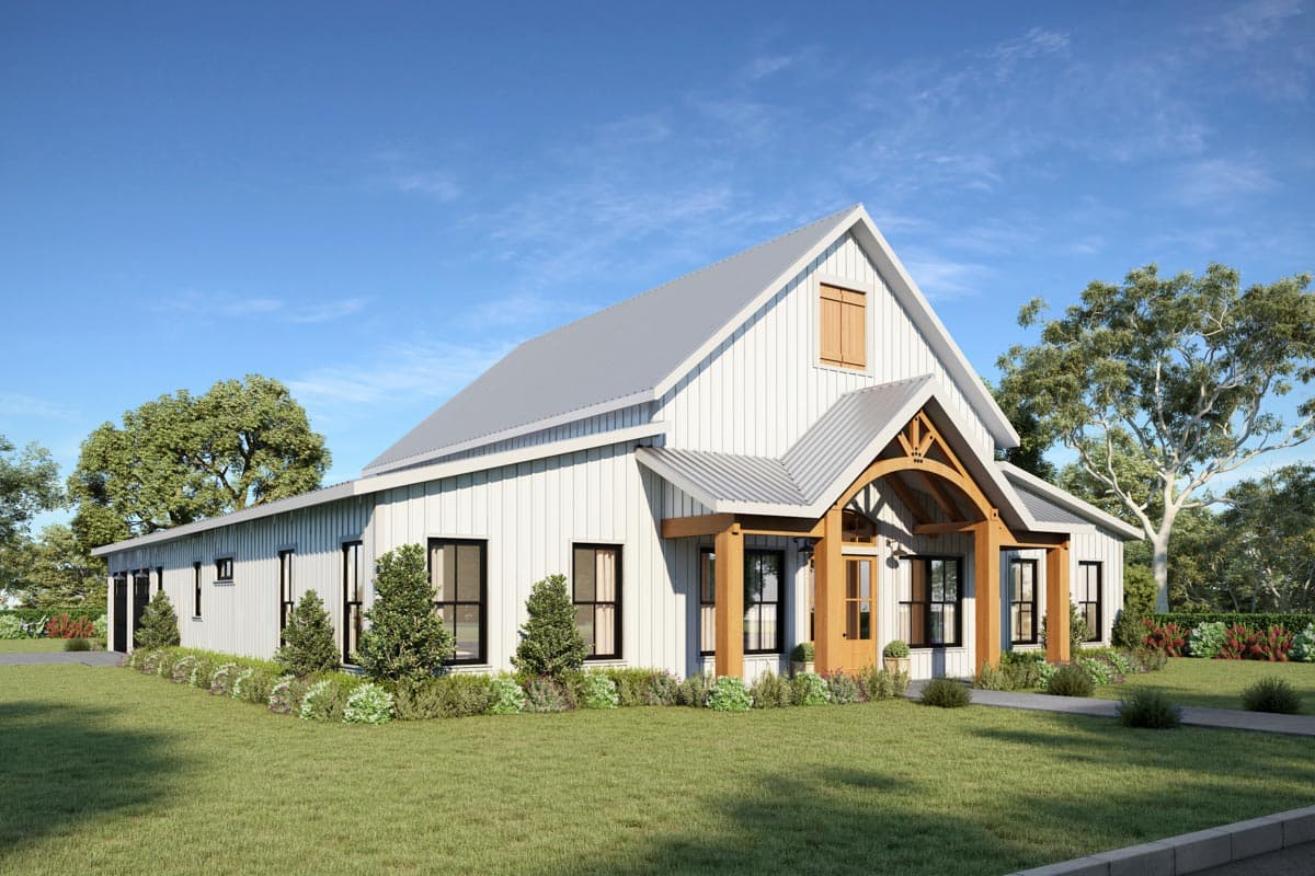 Modern farmhouse house plan exterior with vertical siding, metal roof, large gable, and exposed wood beams over entryway.