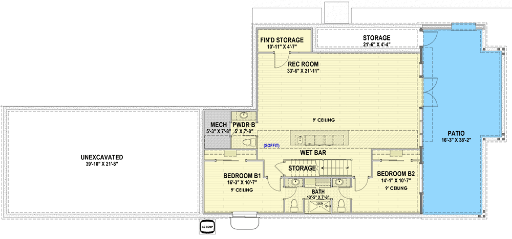Plan 64536SC: 3-Bed Ranch for Front Sloping Lot - Floor Plan - Lower Level - Mountain, Ranch, Rustic, Traditional