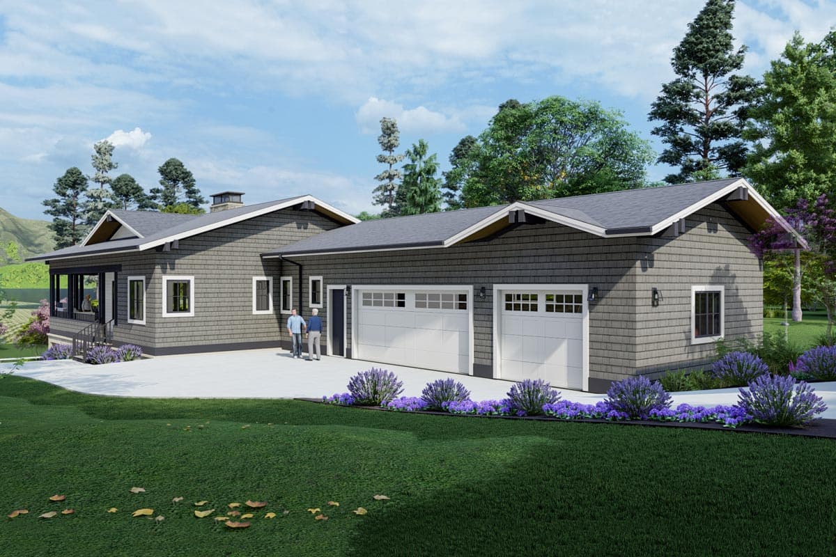 House plan exterior: Craftsman-style, one-story home with a covered porch, prominent gables, and a three-car garage.