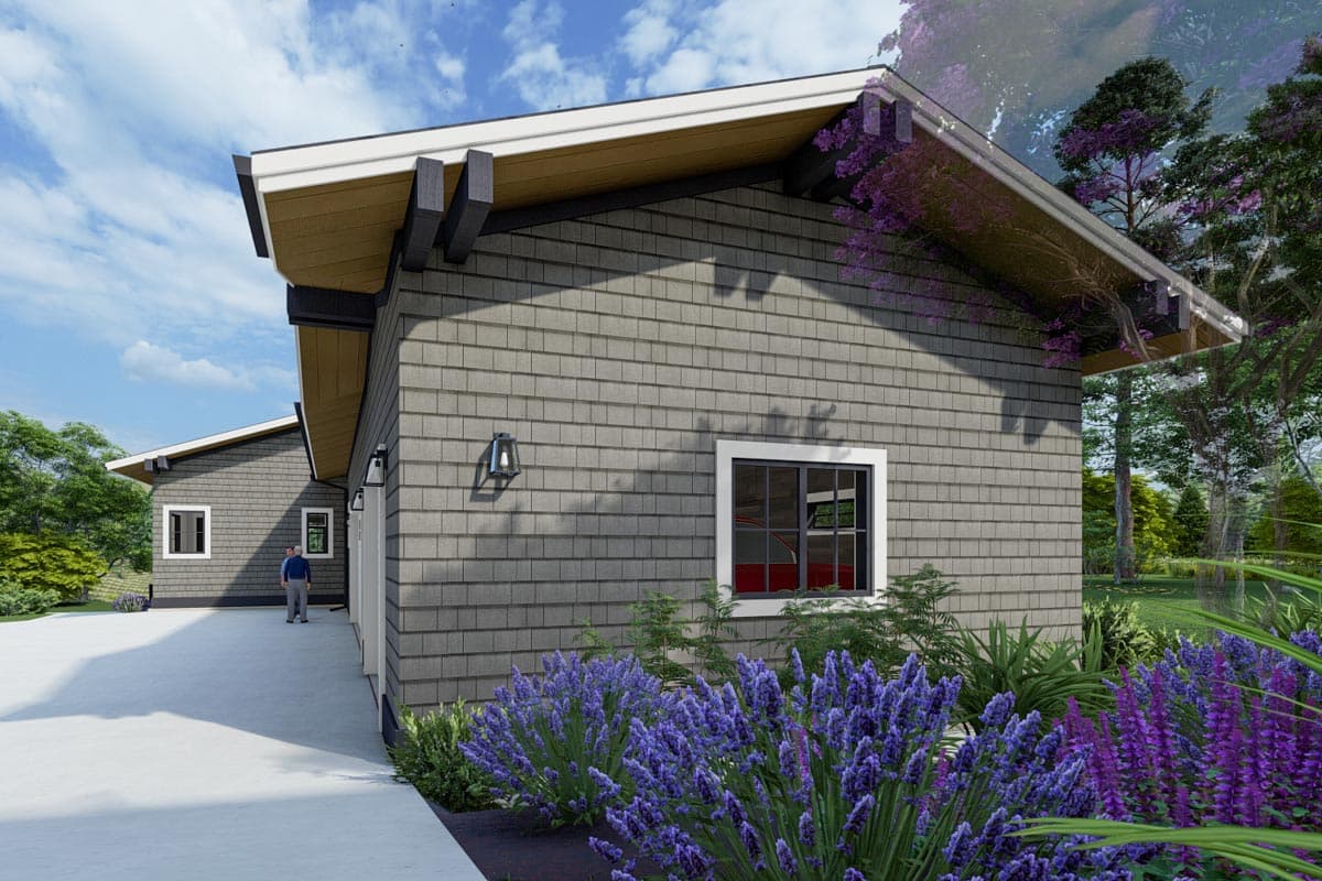 House plan exterior rendering with gray shingle siding, a low-slope roof, and exposed rafter tails.
