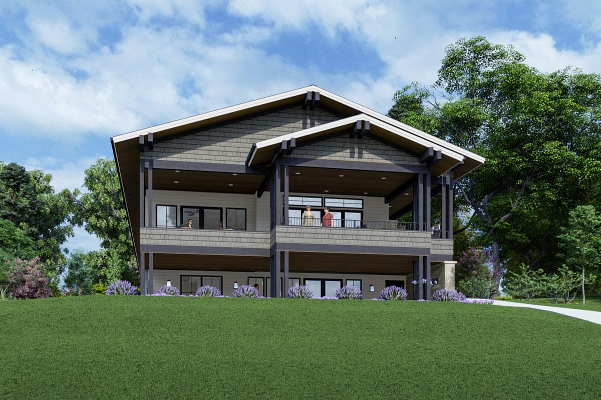 House plan exterior, two stories, large covered balconies, deep eaves with exposed rafter tails, and a gabled roof.