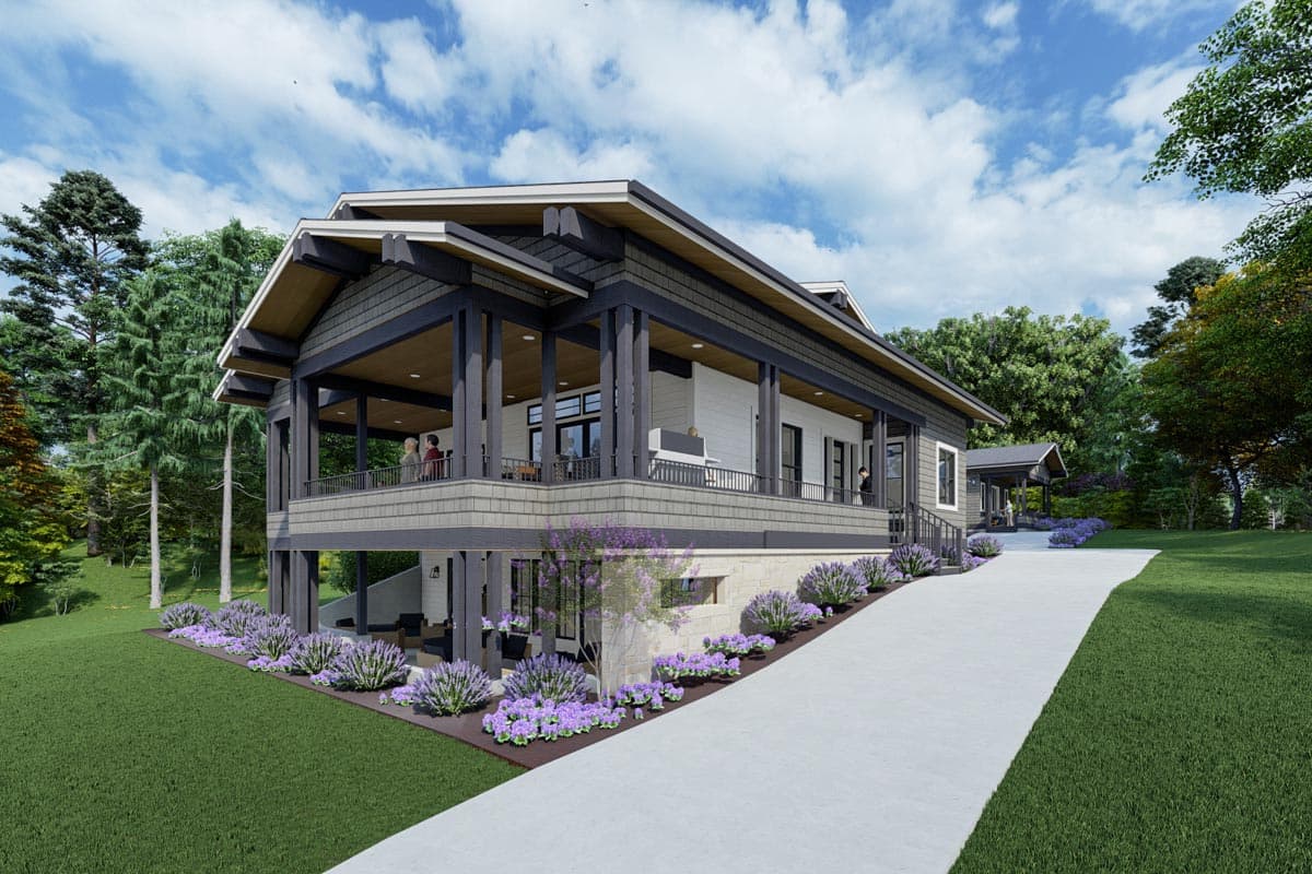 Modern house plan exterior with a wraparound covered deck, deep eaves, stone foundation, and layered rooflines.