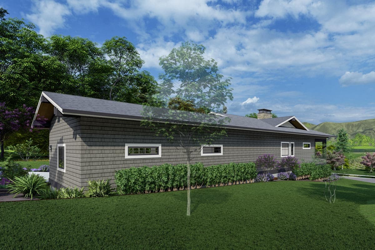 House plan exterior view: Ranch style, single story, shingled siding, gable roof, and stone chimney.