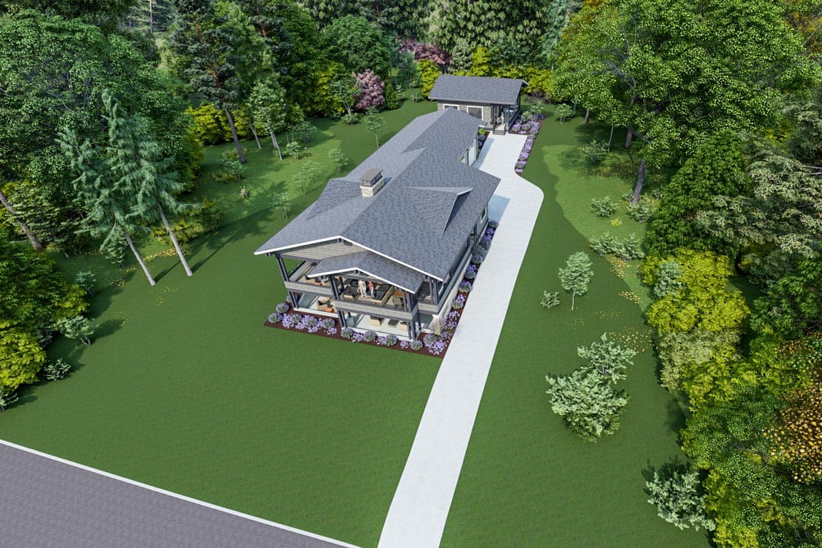 House plan exterior rendering of a two-story modern home with a detached garage, pitched roof, and covered deck.