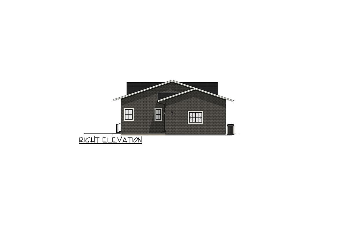 House plan right elevation of a one-story home with gabled rooflines, shingle siding, and multiple windows.