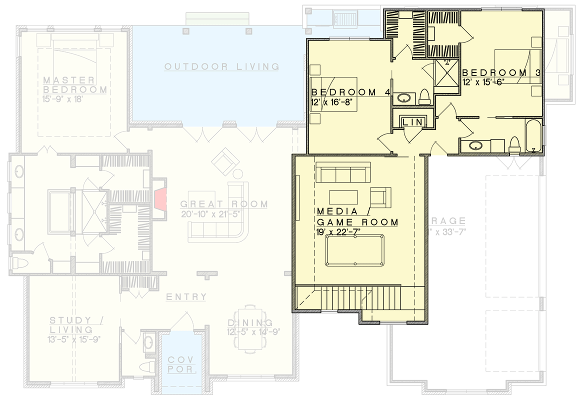 Plan 333022JHB: Rustic Contemporary 4 Bed House Plan Just Over 4000 Square Feet - Floor Plan - 2nd Floor - Hill Country, New American, Rustic, Traditional