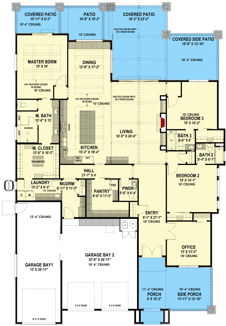 Plan 64537SC: 3-Bed Rustic Ranch Plan with Exposed Beams Defining the Living Spaces - Floor Plan - Main Level - Mountain, Prairie, Ranch, Rustic