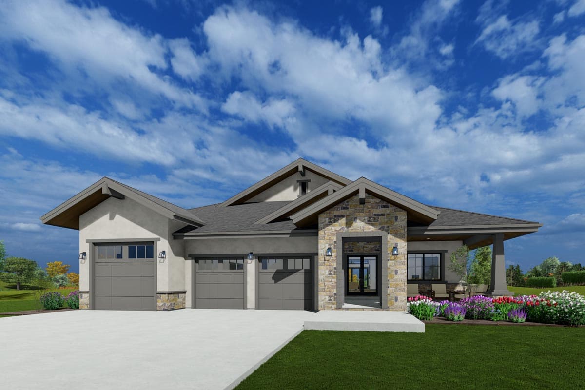 House plan exterior: Modern style, one story, three-car garage, stone-clad entryway, and covered rear porch.