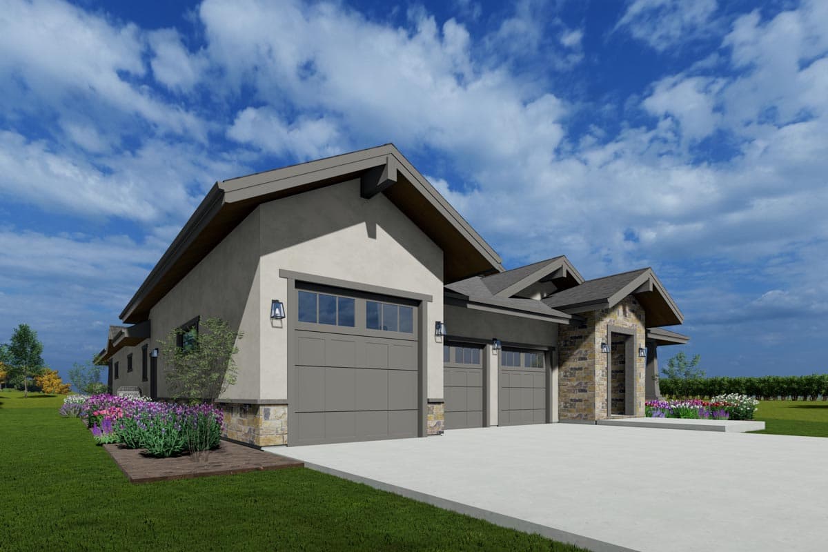Modern house plan exterior with stucco and stone accents, multi-level rooflines, and a three-car garage.