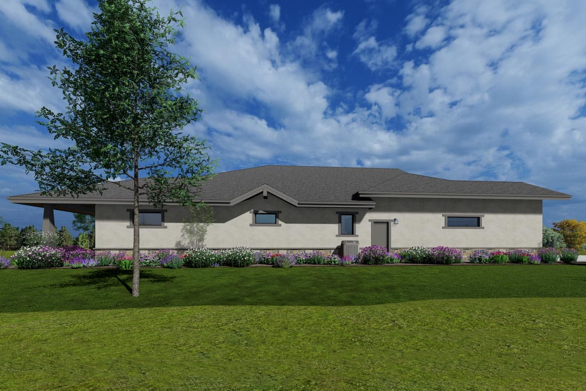 House plan exterior, single-story with a covered porch, stucco finish, and multiple gables.