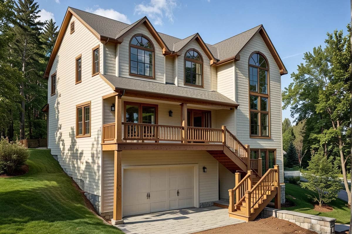 House plan exterior: three-story home with gables, arched windows, a covered porch, and an attached garage.