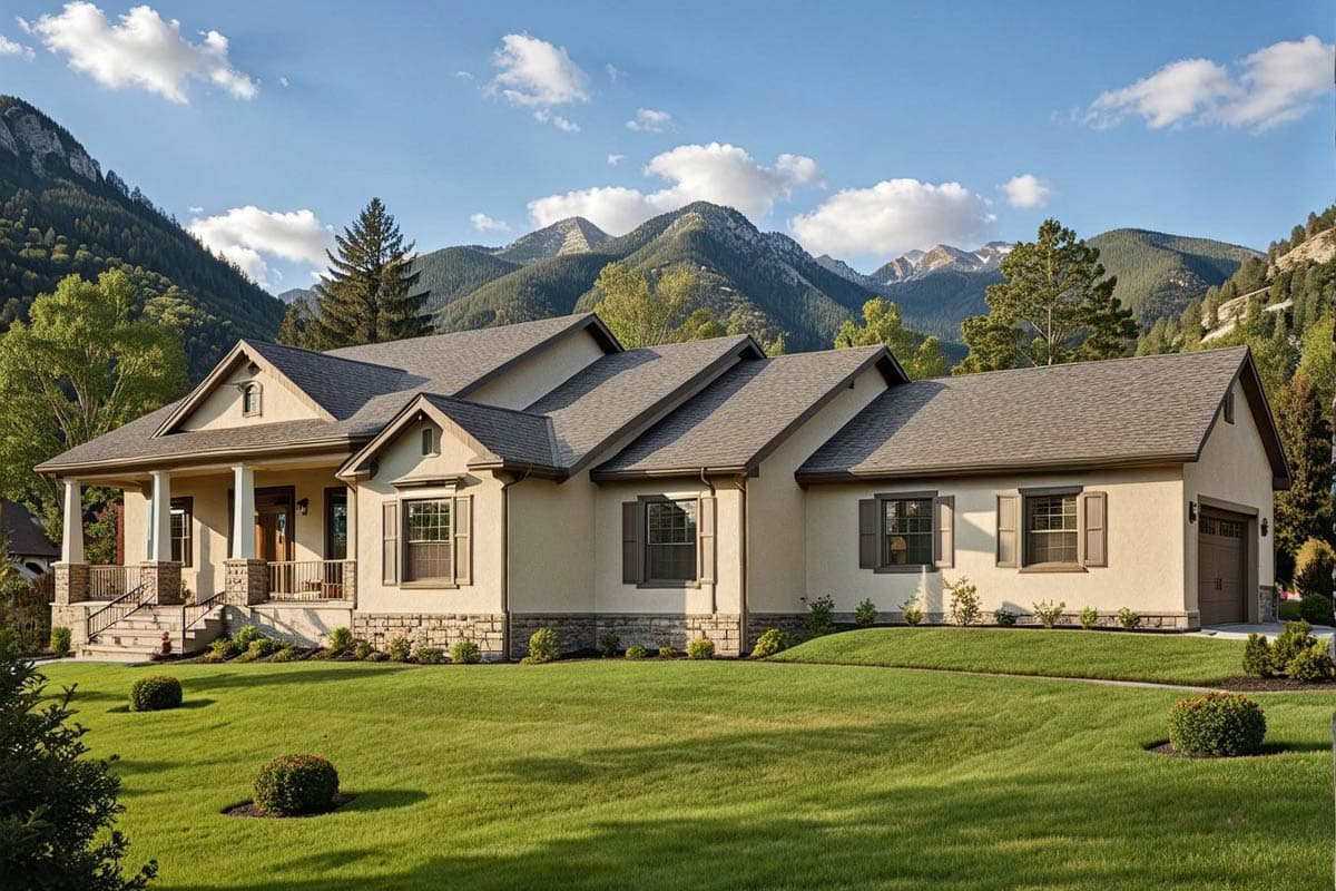 House plan exterior: single-story home with covered front porch, multiple gables, stone accents, and attached two-car garage.