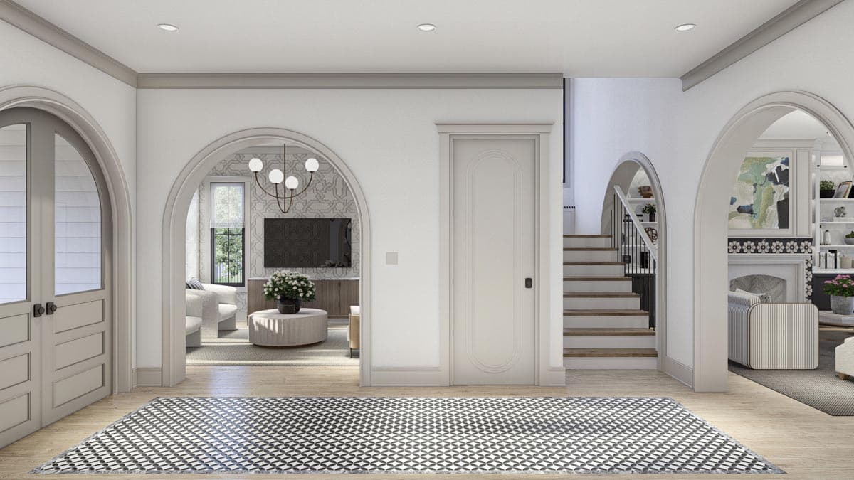 Interior rendering showing an entryway with arched doorways, a staircase, and views into a living area and sitting room.
