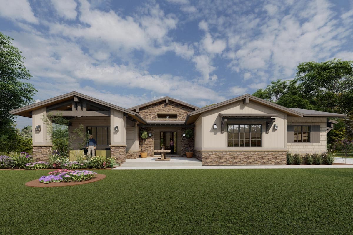Modern ranch house plan exterior with gabled rooflines, stone accents, covered porch, and wide eaves.