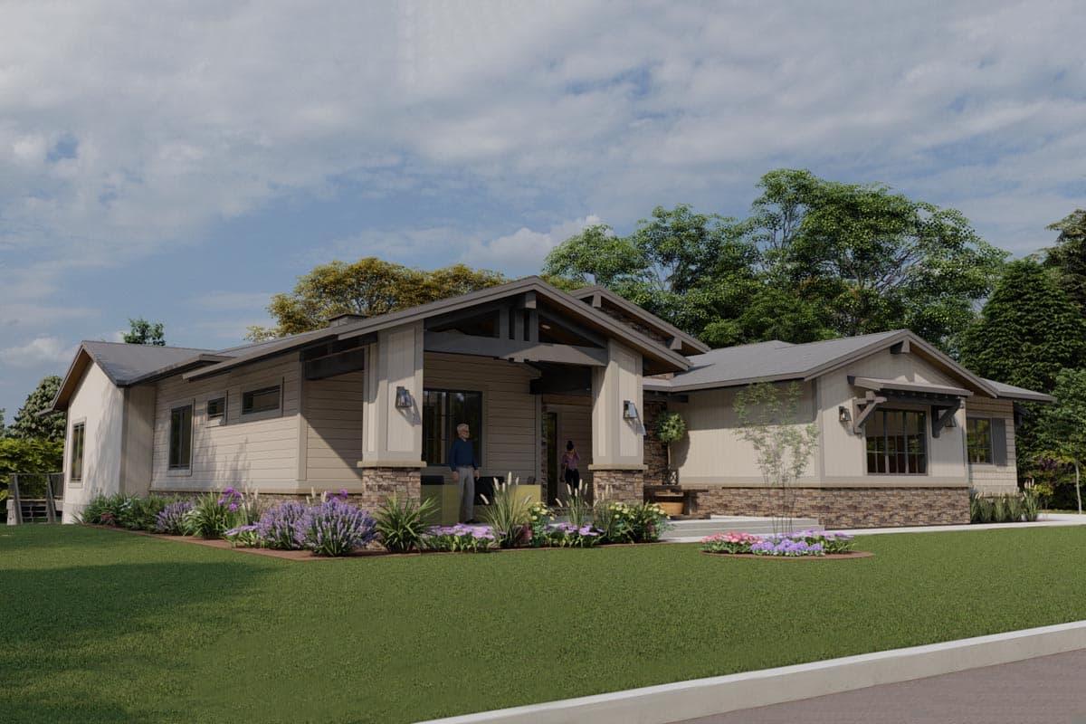 Modern Ranch house plan exterior with a covered entry, stone accents, deep eaves, and multiple gables.