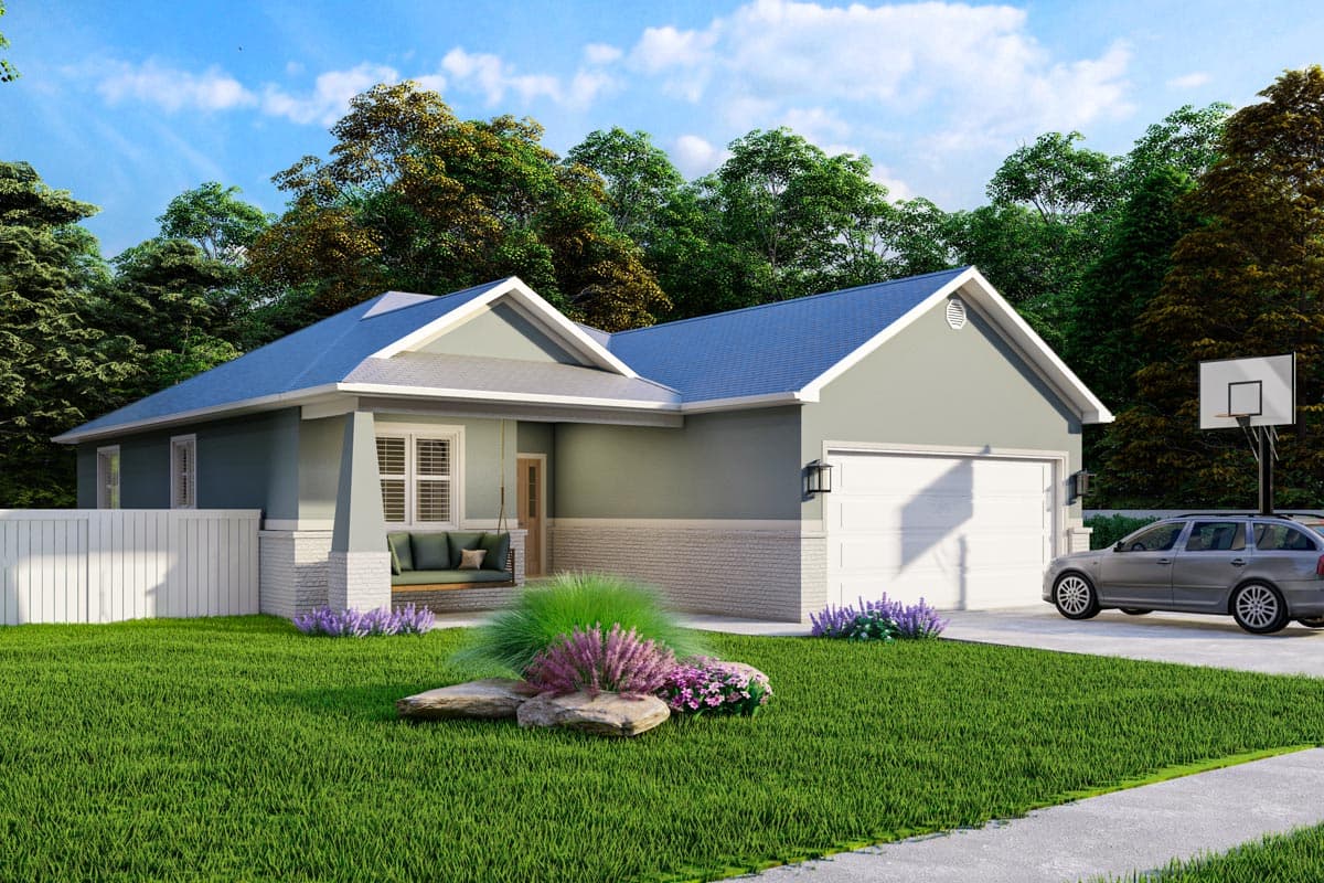 One-story house plan exterior with gabled roof, front porch with swing, and attached two-car garage.
