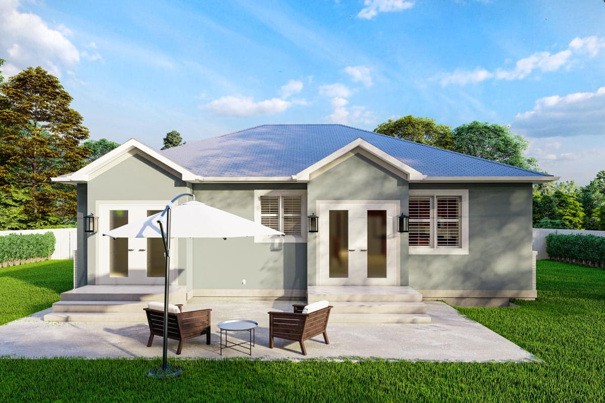 House plan exterior: Single-story home with a symmetrical facade, double doors, two windows, and prominent gables.
