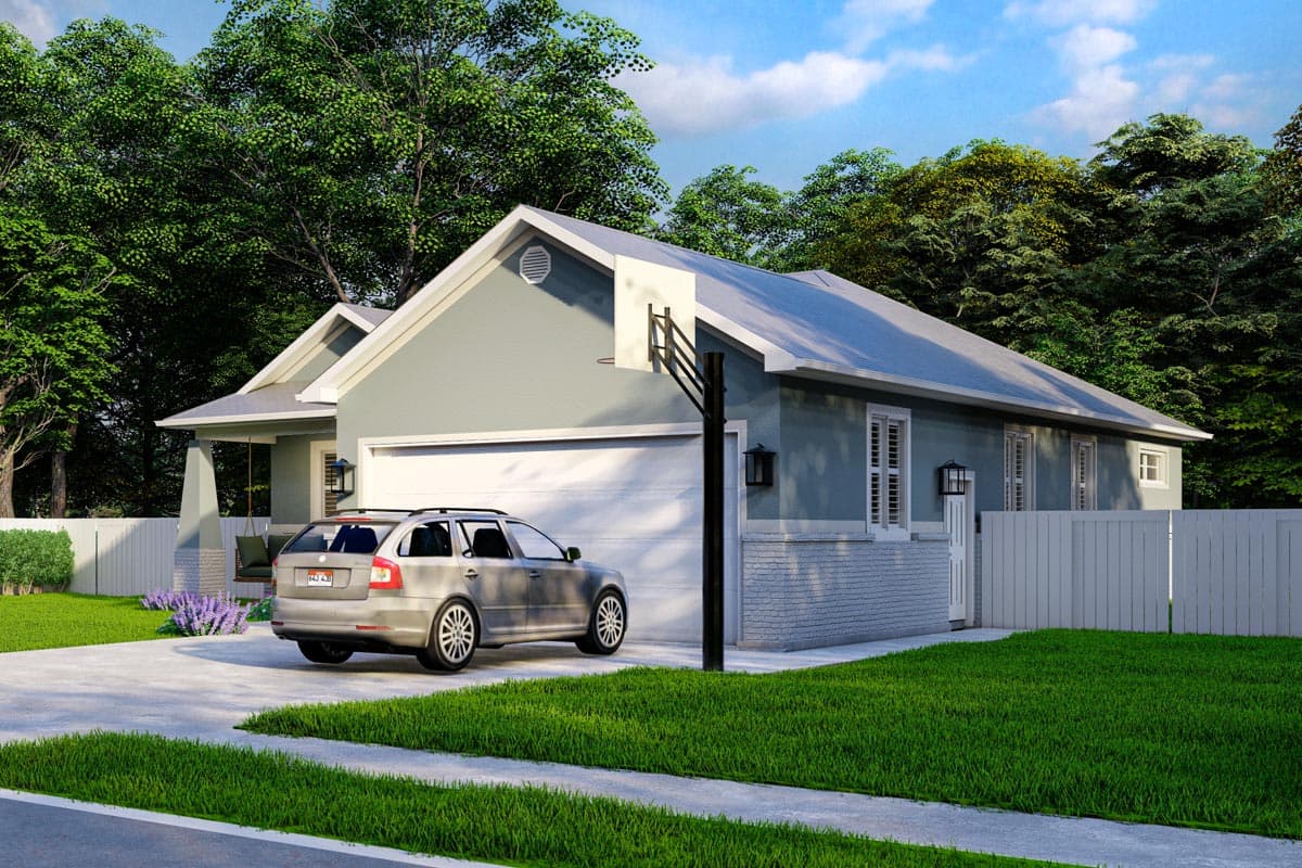 House plan exterior: One-story home with a gable roof, attached garage, covered front porch with a swing, and brick skirting.