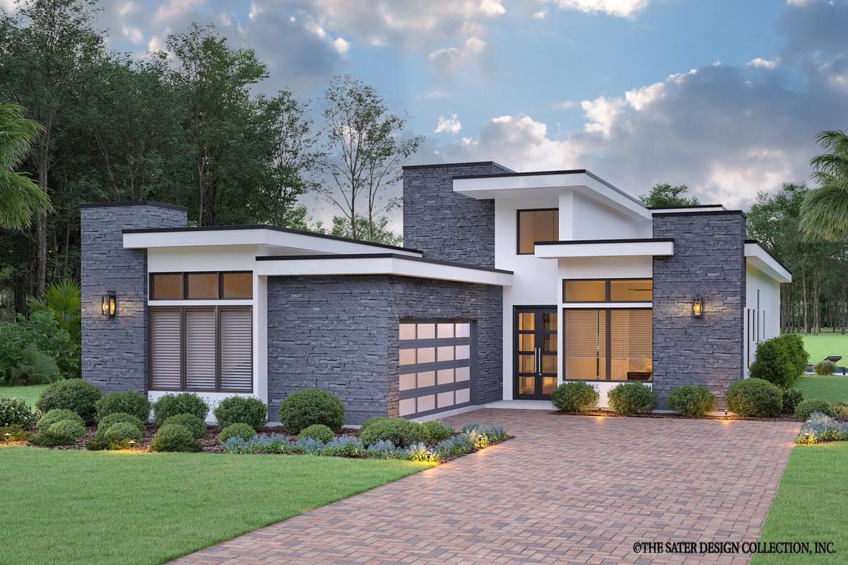 House plan exterior with modern design. Features include flat rooflines, stone veneer accents, and a glass-paneled garage door. Two-story house.