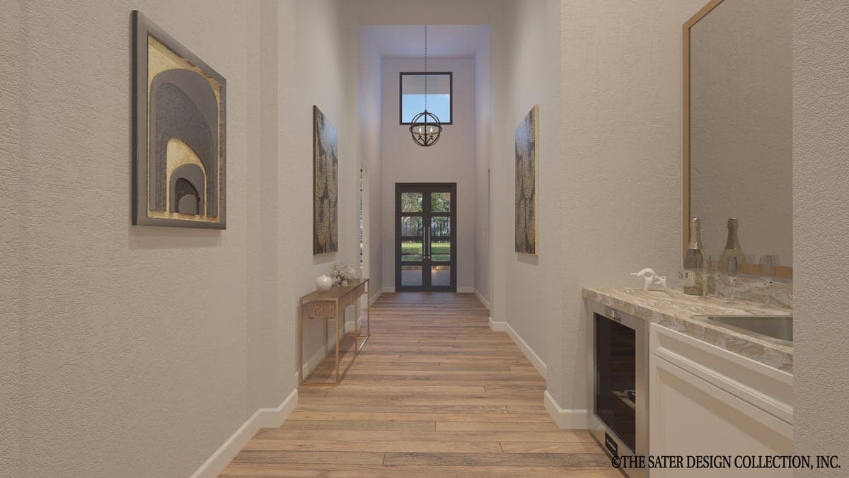 Interior rendering of a wide hallway with double doors, high ceiling, modern chandelier, wood floor, and wet bar.