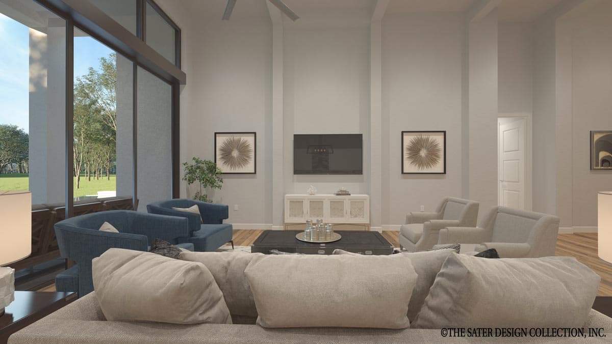 Living room rendering with vaulted ceiling, large windows, fireplace, and open layout.