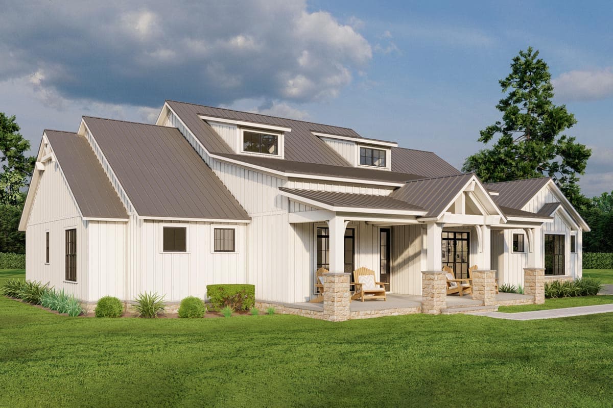 Modern Farmhouse house plan exterior with white board and batten siding, metal roof, dormers, and stone-accented covered porch.