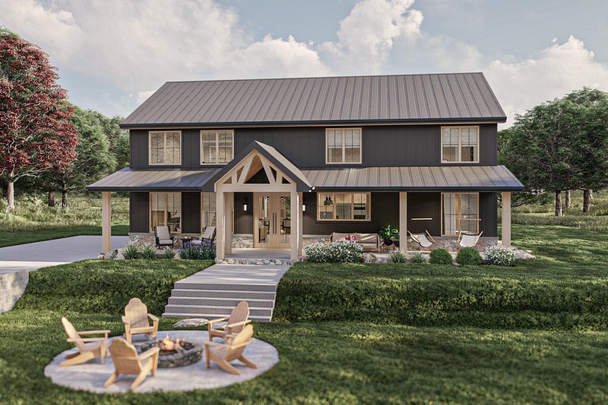 House plan exterior. Two-story Modern Farmhouse with a gabled entry, full-width porch, and metal roof. Includes outdoor seating area.