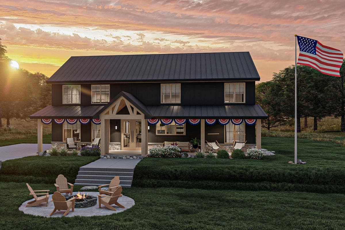Two-story Modern Farmhouse plan exterior with a metal roof, wide covered porch, stone accents, and gabled entrance.